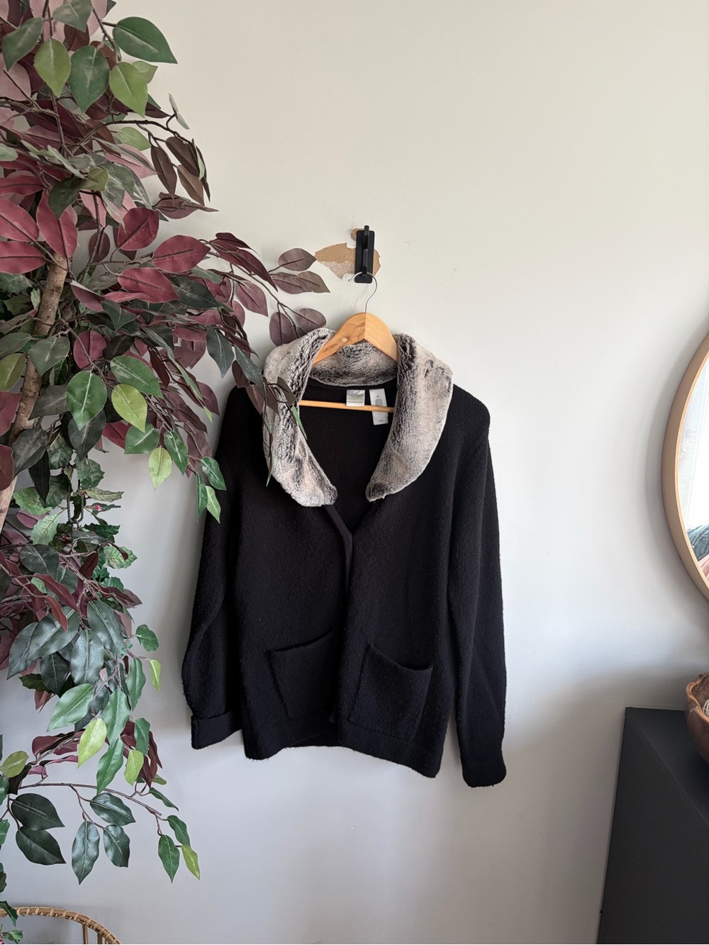 Emma James Black Cardigan Sweater with Removable Faux-Fur Collar